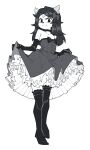  1girl animal_ears animal_nose bare_shoulders black_choker black_eyes black_thighhighs bow cat_ears choker claire_d&#039;lune closed_mouth collarbone dress dress_bow elbow_gloves flat_chest frilled_dress frills fujimna full_body gloves greyscale hair_bow highres inverted_pentagram lace-trimmed_thighhighs lace_trim long_hair looking_at_viewer messy_hair monochrome no_pupils no_shoes petticoat simple_background skirt_hold solo standing straight_hair strapless strapless_dress the_summoning thighhighs v-shaped_eyebrows wavy_mouth white_background zettai_ryouiki 