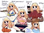  1girl :> :d abba_(band) animal_hat bikini black_bra black_eyes black_socks blonde_hair bra breasts cleavage crop_top d: english_text handheld_game_console hat highres holding holding_handheld_game_console ida_(murgoten) long_hair moose murgoten original ribbed_sweater smile socks sweater sweden swedish_flag_bikini swedish_text swimsuit translation_request underwear wavy_hair 