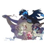  2girls :o alolan_vulpix alternate_color black_eyes blue_eyes blue_fire blue_fur blue_sclera bow brown_hair charizard claws closed_eyes colored_sclera colored_skin commission dragon dress fangs fire full_body hammer headscarf highres hisuian_goodra holding holding_hammer holding_pokemon leggings looking_at_viewer mega_charizard_x milotic multiple_girls pink_hair pink_skin pokemon pokemon_(creature) pokemon_legends:_arceus ponytail purple_dress purple_eyes purple_leggings ribbon robinlovesop shell shiny_pokemon shoes simple_background skin_fangs slime_(substance) standing sylveon tinkaton white_background white_fur white_headscarf white_shoes yellow_eyes 