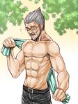  abs beard belt danganronpa danganronpa_3 facial_hair glasses grey_hair looking_at_viewer male_focus muscle mustache old_man shirtless solo tengan_kazuo towel yamamori_taro 