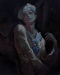  1boy absurdres black_background black_hair blue_neckerchief closed_mouth commentary cowboy_shot dirty dirty_clothes hashtag-only_commentary hat higashikata_josuke_(jojolion) highres jojo_no_kimyou_na_bouken jojolion kanji_(nievart) long_sleeves looking_up male_focus neckerchief sailor_collar sailor_hat shirt soft_&amp;_wet stand_(jojo) white_shirt 