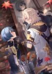  2boys ahoge albedo_(genshin_impact) aqua_eyes art_brush artist_name asymmetrical_hair black_gloves blonde_hair blue_coat blue_hair blurry blurry_foreground braid brown_gloves chain closed_mouth coat commentary cup earrings english_commentary eye_contact falling_leaves frills from_behind genshin_impact gloves hair_between_eyes half_up_half_down_braid half_updo hand_on_another&#039;s_chin hands_up holding holding_paintbrush hood hood_down hooded_coat jewelry leaf long_sleeves looking_at_another looking_to_the_side male_focus maple_leaf medium_hair mikanchii multiple_boys outdoors paint_palette paintbrush painting_(action) painting_(object) parted_bangs profile short_hair short_sleeves single_earring table tassel tassel_earrings twitter_username two-tone_gloves white_coat wide_sleeves wooden_table xingqiu_(genshin_impact) yellow_eyes 