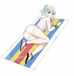  :o ass bangs beach_towel blunt_bangs bracelet jewelry kure_masahiro lying official_art sandals sasaharu_miharu see-through simple_background solo towel valkyrie_drive valkyrie_drive_-siren- white_background white_hair 