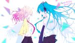  2girls aqua_hair aqua_necktie arm_tattoo artist_name black_skirt blonde_hair blurry breasts closed_eyes collared_shirt commentary_request depth_of_field gradient_hair guest_art hatsune_miku jacket multicolored_hair multiple_girls necktie number_tattoo official_art pink_hair pleated_skirt profile project_sekai second-party_source shimano shirt skirt sleeveless sleeveless_shirt tattoo tenma_saki tie_clip triangle twintails vocaloid white_background white_shirt yellow_jacket 