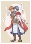 1boy 1girl arm_guards armor bare_shoulders blue_hair blush boots border brown_eyes brown_hair carrying carrying_person clenched_hands closed_mouth commentary_request couple covering_own_mouth dorothy_(fire_emblem) ear_blush elbow_gloves eye_contact face-to-face fingerless_gloves fire_emblem fire_emblem:_the_binding_blade flying_sweatdrops gloves heart highres looking_at_another partially_translated princess_carry robe saul_(fire_emblem) short_hair simple_background smile speech_bubble standing thigh_boots translation_request urihara84 white_boots white_border 