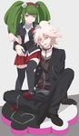  1girl arm_around_waist bad_id bad_pixiv_id black_footwear black_legwear blush_stickers chain danganronpa danganronpa_3 disgust green_eyes green_hair hair_between_eyes hairband highres komaeda_nagito monaka_(danganronpa) okuragon pants pleated_skirt red_footwear servant_(danganronpa) shaded_face shirt shoes short_hair sitting skirt smile striped striped_shirt thighhighs 