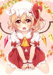  ascot bad_id bad_pixiv_id between_legs blonde_hair fang flandre_scarlet flower food fruit hand_between_legs hat hat_ribbon highres kurono_kito leaf leaf_background looking_at_viewer mob_cap open_mouth pink_background puffy_short_sleeves puffy_sleeves red_eyes ribbon short_hair short_sleeves side_ponytail sitting skirt skirt_set solo strawberry touhou wariza wings wrist_cuffs 