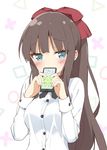  aqua_eyes blush bow breasts brown_hair cellphone covering_mouth dress_shirt emoticon hair_bow hair_ribbon jpeg_artifacts long_hair medium_breasts new_game! peko phone red_bow red_ribbon ribbon shirt smartphone solo takimoto_hifumi text_messaging translated upper_body wide_ponytail 