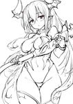  bangs borrowed_character breast_rest breasts colo_mag-chan covered_navel draph eyebrows eyebrows_visible_through_hair gloves granblue_fantasy hair_between_eyes haoni horns leotard long_hair looking_at_viewer medium_breasts monochrome original pointy_ears red_eyes simple_background sketch solo spot_color staff taut_clothes taut_leotard thigh_gap thighhighs very_long_hair white_background 