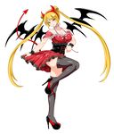  :o black_legwear blonde_hair breasts cleavage demon_horns demon_tail fake_horns halterneck high_heels highres horns kure_masahiro large_breasts leg_lift official_art simple_background skirt skirt_lift solo tail thighhighs twintails valkyrie_drive valkyrie_drive_-siren- white_background wings wrist_cuffs yellow_eyes zenkouji_shizune 