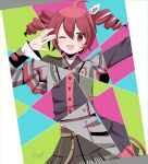  1girl ahoge black_shirt black_skirt blush bow breast_pocket buttons drill_hair grey_hair hair_between_eyes hair_bow hair_ribbon hand_up highres jacket kasane_teto kasane_teto_(sv) kasane_teto_(utau) kasane_teto_(voicepeak) layered_sleeves long_sleeves looking_at_viewer midriff_peek musical_staff musical_staff_print np_eny one_eye_closed open_mouth pocket red_eyes red_skirt ribbon shirt skirt skirt_set smile striped_clothes striped_jacket striped_skirt synthesizer_v twin_drills utau voicepeak white_bow white_ribbon 