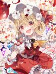 1girl :d ascot balloon blonde_hair collared_shirt commentary_request confetti cowboy_shot crystal fang flandre_scarlet frilled_shirt_collar frills hair_between_eyes hat looking_at_viewer medium_hair mob_cap open_mouth pointy_ears puffy_short_sleeves puffy_sleeves red_eyes red_nails red_skirt red_vest shirt short_sleeves signature skin_fang skirt smile solo touhou toutenkou vest watermark white_hat white_shirt wings wrist_cuffs yellow_ascot 