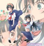  2girls absurdres black_hair black_shoes blue_eyes blue_skirt brown_eyes clothes_lift commentary_request flower flower_wreath food full_body hair_flower hair_ornament hamuppo head_wreath highres holding holding_food holding_ice_cream ice_cream long_hair multiple_girls navel neckerchief red_neckerchief sakugawa_school_uniform saten_ruiko school_uniform serafuku shoes short_hair skirt skirt_lift socks squatting standing toaru_kagaku_no_railgun toaru_majutsu_no_index uiharu_kazari white_socks zoom_layer 