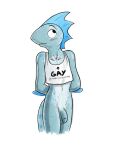 3:4 anthro arm_fin balls biped black_eyes black_text blue_balls blue_body blue_fin blue_genitals blue_penis blue_spots blush bottomless bottomless_anthro bottomless_male casual_exposure clothed clothing collarbone countershade_torso countershading crop_top digital_media_(artwork) directional_arrow english_text fin flaccid genitals glans head_fin hi_res humanoid_genitalia humanoid_penis innocent_expression male marine monster no_irises penis samareck samareck_(character) sea_monster shirt simple_background sketchy solo spots standing text text_on_clothing text_on_topwear topwear white_background white_clothing white_crop_top white_sclera white_topwear