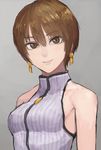  bare_shoulders borrowed_character brown_eyes brown_hair earrings eyebrows_visible_through_hair fushoku jewelry light_smile original ribbed_sweater short_hair simple_background sleeveless sleeveless_turtleneck solo sweater terai_yuki turtleneck upper_body zipper_pull_tab 