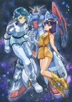  black_hair blue_eyes fa_yuiry full_body gloves gundam highres holding_hands kamille_bidan looking_at_another mecha_pilot_suit medium_hair mobile_suit normal_suit_(gundam) okrdisk2000 space white_gloves zeta_gundam zeta_gundam_(mobile_suit) 