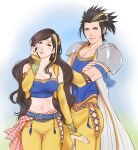  1boy 1girl alternate_costume arm_ribbon armor bare_shoulders belt belt_buckle black_hair blonde_hair blue_belt blue_ribbon blue_shirt breasts brown_hair buckle celes_chere celes_chere_(cosplay) circlet cleavage closed_mouth cosplay cow cropped_vest cross_scar crossed_arms crylin6 detached_sleeves earrings final_fantasy final_fantasy_vi final_fantasy_vii gold_trim hand_on_own_cheek hand_on_own_face highres jewelry large_breasts midriff multicolored_hair navel pants parted_lips pauldrons ponytail ribbon sash scar scar_on_cheek scar_on_face shirt shoulder_armor sideburns smile strapless streaked_hair swept_bangs tifa_lockhart tube_top vest waist_sash yellow_pants yellow_sleeves yellow_vest zack_fair 