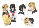  2girls black_hair black_hairband black_sailor_collar black_skirt blonde_hair blue_eyes blush closed_mouth commentary glasses hairband hashtag-only_commentary highres holding_hands interlocked_fingers jiguang_haibao kiss kissing_hand koishikawa_iko long_hair momijiyama_teru multiple_girls neckerchief open_mouth pleated_skirt red_neckerchief sailor_collar school_uniform serafuku shirt shy_(series) simple_background skirt smile speech_bubble thought_bubble white_background white_shirt yellow_shirt yuri 