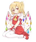  1girl artist_name ascot bangs blonde_hair blush bow commentary_request crystal eyebrows_visible_through_hair flandre_scarlet frilled_shirt_collar frills full_body hair_between_eyes hand_up haruki_(colorful_macaron) head_tilt long_hair looking_at_viewer mary_janes no_hat no_headwear one_side_up petticoat red_bow red_eyes red_footwear red_skirt red_vest shirt shoes simple_background sitting skirt skirt_set smile solo thighhighs thighs touhou twitter_username vest wariza white_background white_legwear white_shirt wings wrist_cuffs yellow_neckwear zettai_ryouiki 