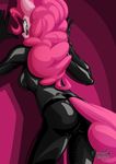  anthro blue_eyes breasts butt equine eyelashes friendship_is_magic fur hair mammal my_little_pony mysticalpha pink_fur pink_hair pinkie_pie_(mlp) pvc rubber simple_background smile solo standing 