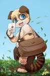  bag blue_eyes brown_fur cat clothed clothing cub cute feline fur grass hindpaw holding_object letter looking_back mammal open_mouth outside paws sky white_fur yojoo young 