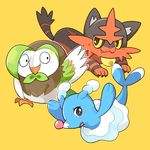  brionne closed_mouth dartrix gen_7_pokemon looking_at_viewer no_humans open_mouth orange_background pokemon pokemon_(creature) pose tail torracat wings zrae 