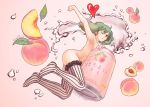  1girl ;o abstract ahoge arm_up armpits ass can food fruit green_hair heart macross macross_frontier nude one_eye_closed peach ranka_lee red_eyes soda_can striped striped_legwear thighhighs vertical-striped_legwear vertical_stripes yuleowl 