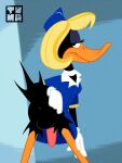 anatid animal_genitalia animal_penis anseriform anthro anus avian balls beak bird black_body bottomwear butt clothed clothing crossdressing daffy_duck digital_media_(artwork) duck eyelashes feathers femboy flaccid genitals hair half-closed_eyes hi_res looking_at_viewer looking_back looney_tunes male narrowed_eyes penis presenting presenting_anus presenting_hindquarters raised_bottomwear raised_clothing raised_skirt rear_view seductive skirt solo standing tail topwear tvma warner_brothers wig
