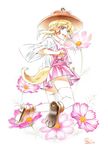  animal_ears blonde_hair blue_eyes brown_footwear brown_hat clenched_hands colored_pencil_(medium) commentary_request cosmos_(flower) cross-laced_clothes dog_ears dog_tail fangs floral_background flower full_body hair_ribbon hat highres kemonomimi_mode looking_at_viewer looking_back moriya_suwako nora_wanko open_mouth paw_print paw_shoes pink_flower purple_skirt purple_vest ribbon shirt shoe_soles shoes short_hair_with_long_locks sidelocks signature skirt smile solo tail thighhighs touhou traditional_media vest white_background white_legwear white_shirt wide_sleeves 