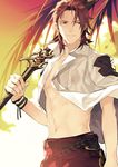  belt bracelet cloud cowboy_shot granblue_fantasy holding holding_sword holding_weapon jewelry kazunon looking_to_the_side male_focus navel open_clothes open_shirt palm_tree percival_(granblue_fantasy) red_eyes red_hair shirt shirt_on_shoulders smile solo sunset sweat sword tree weapon 
