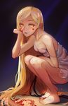  :q bangs barefoot blonde_hair blood blood_on_face breasts cleavage dress fang fangs feet godsh0t highres kiss-shot_acerola-orion_heart-under-blade kizumonogatari licking_lips long_hair looking_at_viewer monogatari_(series) naughty_face parted_bangs pointy_ears revision small_breasts solo squatting strap_slip toes tongue tongue_out vampire very_long_hair white_dress yellow_eyes 