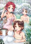  blue_eyes blush breasts brown_eyes brown_hair bucket bud_(znehgneh2) drill_hair eyepatch flat_chest hair_up highres iri_flina large_breasts looking_at_viewer medium_breasts mole mole_under_eye mouth_hold multiple_girls naked_towel nude onsen partially_submerged red_hair short_hair short_hair_with_long_locks sidelocks silver_hair sita_vilosa smile snow snowflakes snowing snowman sword_girls towel vernika_answer water 