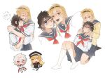  2girls bandaid bandaid_on_face black_hair black_headband black_skirt black_socks blonde_hair blue_eyes cardigan chibi closed_eyes cosplay grin headband heart-shift_bracelets highres jiguang_haibao kneeling koishikawa_iko long_hair momijiyama_teru multiple_girls neckerchief pleated_skirt red_eyes red_neckerchief sailor_collar scar_across_eyebrow school_uniform serafuku shirt short_hair short_sleeves shy_(character) shy_(series) simple_background skirt smile socks spirits_(shy) spirits_(shy)_(cosplay) sweatdrop teeth white_background white_hair white_serafuku white_shirt white_socks white_stripes yellow_cardigan yellow_eyes 