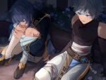  2boys artist_name asymmetrical_hair bandaged_leg bandaged_torso bandages bandages_over_clothes belt black_belt black_gloves black_shirt black_shoes blood blood_on_bandages blue_coat blue_eyes blue_hair blush bush chongyun_(genshin_impact) closed_mouth coat coin colored_eyelashes commentary elbow_gloves english_commentary fingerless_gloves flower frilled_sleeves frills genshin_impact gloves gold_trim hair_between_eyes high_heels hugging_own_legs long_sleeves male_focus mikanchii multiple_boys on_ground open_mouth pants shirt shoes short_hair sitting sleeveless sleeveless_shirt socks sweat tassel tears vision_(genshin_impact) white_pants white_socks wide_sleeves xingqiu_(genshin_impact) 