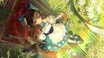  1girl absurdres animal_ears arknights bell bird blue_bow blue_bowtie bow bowtie brown_hair brown_shoes closed_mouth curled_horns dress eyjafjalla_(arknights) eyjafjalla_the_hvit_aska_(a_picnic_before_a_long_trip)_(arknights) eyjafjalla_the_hvit_aska_(arknights) flower food fork from_above fruit hair_bow highres holding holding_fork horns jingle_bell long_hair looking_at_viewer neck_bell oversized_food oversized_fork oversized_object pantyhose pink_eyes sheep_ears sheep_girl sheep_horns shoes solo standing strawberry very_long_hair white_flower white_pantyhose 