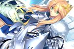  aqua_hair artoria_pendragon_(all) artoria_pendragon_(lancer) blonde_hair dun_stallion dutch_angle equestrian fate/grand_order fate_(series) fur fur_trim gauntlets gorget highres holding holding_weapon horse lance long_hair looking_at_viewer magic paperfinger pauldrons polearm rhongomyniad solo standard_bearer sword weapon 