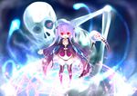  black_panties blush boots from_above glowing glowing_eye hair_ornament jewelry long_hair magic_circle memento_(sennen_sensou_aigis) open_mouth panties purple_hair red_eyes reiji_0_g ring scythe sennen_sensou_aigis skeleton skull_hair_ornament thigh_boots thighhighs twintails underwear 