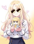  2girls blonde_hair blue_overskirt chibi chibigurumi fujita_kotone gakuen_idolmaster hatsuboshi_gakuen_school_uniform heart highres idolmaster jacket juo_sena long_hair long_sleeves looking_at_viewer multicolored_hair multiple_girls pink_hair school_uniform smile streaked_hair sunglasses sweatdrop turn_pale two-tone_hair urabi_(tomatohouse) very_long_hair white_jacket yellow-framed_eyewear 
