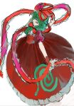  1girl bow dress frilled_dress frills front_ponytail full_body green_eyes green_hair hair_bow hair_ribbon highres kagiyama_hina long_hair puffy_short_sleeves puffy_sleeves red_bow red_dress red_ribbon ribbon short_sleeves simple_background sketch solo touhou white_background xian_qishui 