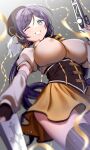  1girl beret black_hat blurry breasts commission corset cosplay covered_nipples detached_sleeves fingerless_gloves from_below gloves green_eyes grin gun hat highres holding holding_gun holding_weapon kazepana large_breasts long_hair looking_at_viewer love_live! love_live!_school_idol_project low_twintails magical_girl magical_musket mahou_shoujo_madoka_magica mahou_shoujo_madoka_magica_(anime) one_eye_closed puffy_short_sleeves puffy_sleeves purple_hair short_sleeves skeb_commission smile solo striped_clothes striped_thighhighs thighhighs tojo_nozomi tomoe_mami tomoe_mami_(cosplay) tomoe_mami_(magical_girl) twintails twitter_username vertical-striped_clothes vertical-striped_thighhighs weapon 