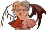  bangs bare_shoulders bat_wings blonde_hair blue_hair bow cheek-to-cheek chestnut_mouth collarbone dress eredhen face-to-face fingernails flandre_scarlet hair_between_eyes hair_bow hands_together holding_hands interlocked_fingers jpeg_artifacts lavender_dress looking_at_viewer multiple_girls nail_polish parted_lips red_bow red_dress red_eyes red_nails remilia_scarlet short_dress short_hair siblings side_ponytail simple_background sisters sleeveless sleeveless_dress thighhighs touhou white_background wings 