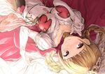  akita_hika bangs blonde_hair blue_eyes blunt_bangs blush braid choker commentary_request dress elbow_gloves gloves granblue_fantasy hair_rings highres jewelry juliet_(granblue_fantasy) lying on_back puffy_sleeves smile solo tiara white_gloves 