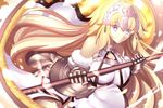  armor bare_shoulders blonde_hair blue_eyes breasts chain choker fate/apocrypha fate/grand_order fate_(series) fur_trim gauntlets gorget highres jeanne_d'arc_(fate) jeanne_d'arc_(fate)_(all) large_breasts long_hair looking_at_viewer paperfinger solo standard_bearer 