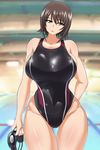  ass_visible_through_thighs bangs black_swimsuit blurry breasts collarbone commentary competition_swimsuit cowboy_shot depth_of_field girls_und_panzer goggles hand_on_hip highleg highleg_swimsuit holding huge_breasts indoors looking_at_viewer nishizumi_maho one-piece_swimsuit parted_lips pool shiny shiny_clothes shiny_skin short_hair solo standing swimsuit thigh_gap yasumon 