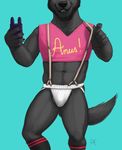  ! 5_fingers anthro balls black_fur black_nose blue_background bulge canine claws clothed clothing fur jockstrap legwear male mammal navel partially_clothed phone piercing pose rov selfie simple_background smile socks solo standing teeth underwear wolf 