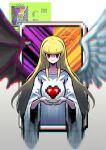  1girl angel_wings asymmetrical_wings blonde_hair breasts change_of_heart demon_wings duel_monster heart highres holding holding_heart long_hair long_sleeves red_eyes robe shakeeeeeeeee solo wide_sleeves wings yu-gi-oh! 