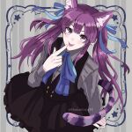  1girl animal_ears black_dress blue_bow blue_bowtie blue_ribbon bow bowtie cat_ears cat_tail d.gray-man dress earrings grey_background grey_shirt grey_stripes hair_between_eyes hair_ribbon hakahata18 highres jewelry lenalee_lee long_hair looking_at_viewer looking_up pointing pointing_at_mouth pointing_at_self purple_eyes purple_hair ribbon shirt sidelocks signature smile solo star_(symbol) striped_background stud_earrings tail tongue tongue_out twintails twitter_username vertical-striped_background 