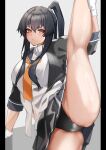 1girl absurdres belt black_belt black_hair black_panties black_sailor_collar black_skirt blush breasts commentary flexible gloves hair_between_eyes highres kantai_collection large_breasts leg_lift leg_up long_hair looking_at_viewer neckerchief orange_neckerchief panties pillarboxed pleated_skirt ponytail red_eyes ribbon sailor_collar school_uniform shirt sidelocks simple_background skirt solo split standing standing_on_one_leg standing_split underwear very_long_hair white_gloves white_ribbon white_shirt yahagi_(kancolle) yahagi_kai_ni_(kancolle) z_(knkr1025) 
