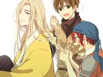  2boys alfreed_(arslan_senki) arslan_senki bandana blonde_hair braid braiding_hair brown_hair elam facial_mark green_eyes hairdressing long_hair multiple_boys narsus nmunco purple_eyes red_hair short_hair 