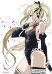  1girl bare_shoulders black_leotard blonde_hair blue_eyes breasts commentary_request cross_hair_ornament dead_or_alive dead_or_alive_5 elbow_gloves expressionless fingerless_gloves frilled_leotard frilled_thighhighs frills gloves hair_ornament highleg highleg_leotard hiragoma leotard long_hair marie_rose parted_lips petals profile small_breasts solo thigh_strap thighhighs twintails very_long_hair 